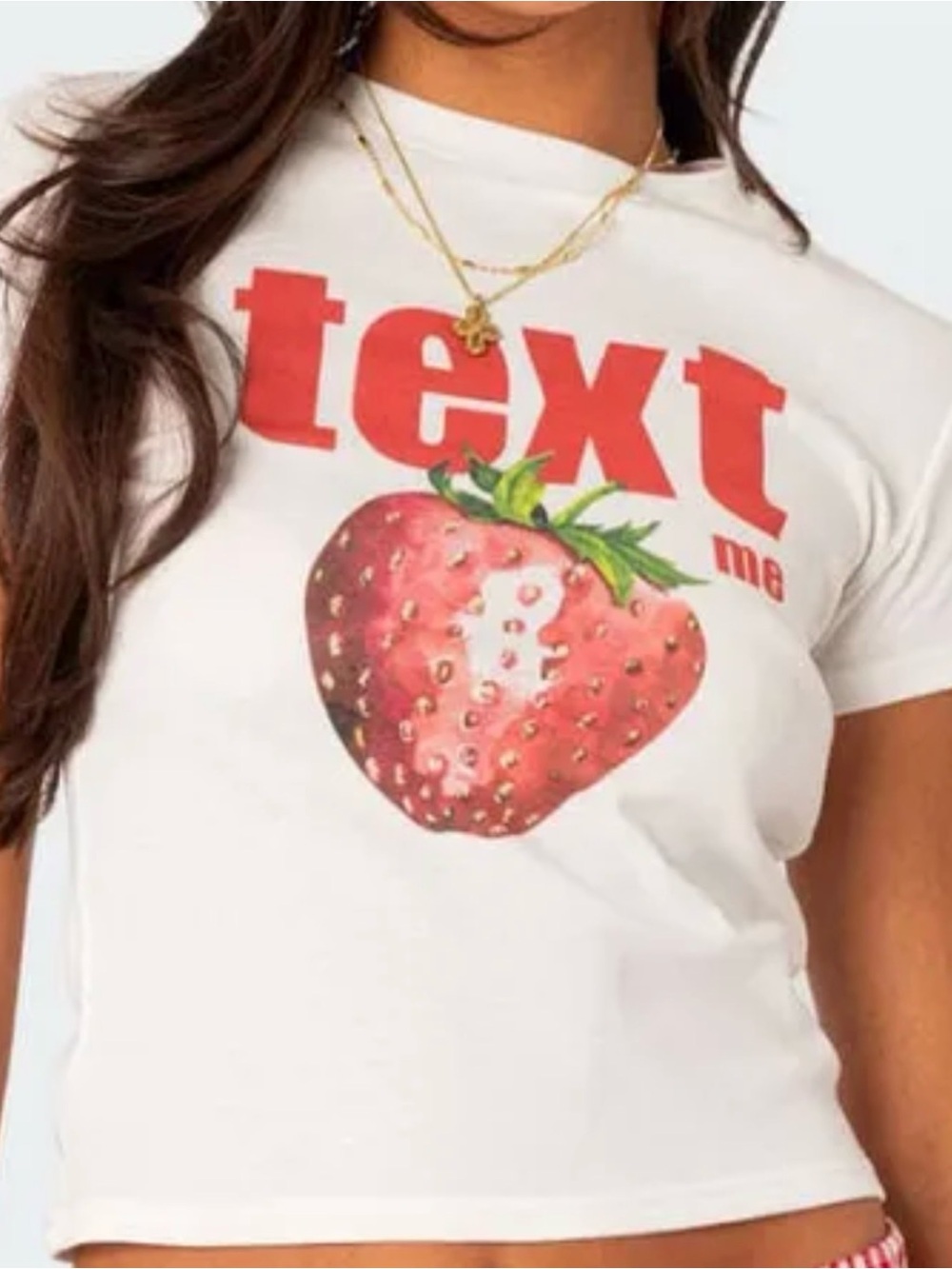 Edikted White Tee with Pink Strawberry and Red 'text me' Graphic